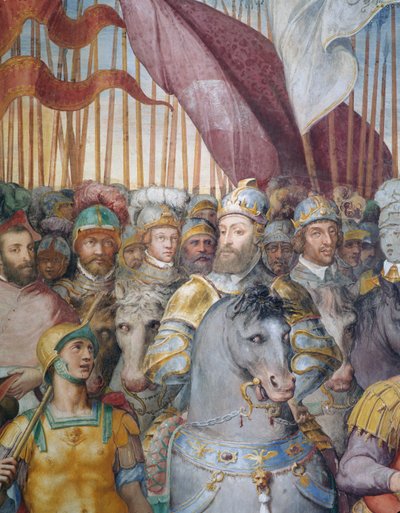 (detail) Troops of Cardinal Alessandro Farnese and of Charles V leaving for war against Lutherans, in the Hall of Farnesina by Federico Zuccaro